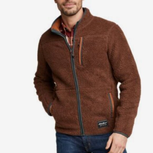 NWT Eddie Bauer Men's Chilali Faux Shearling Fleece Full Zip Cognac Jacket - Picture 1 of 16